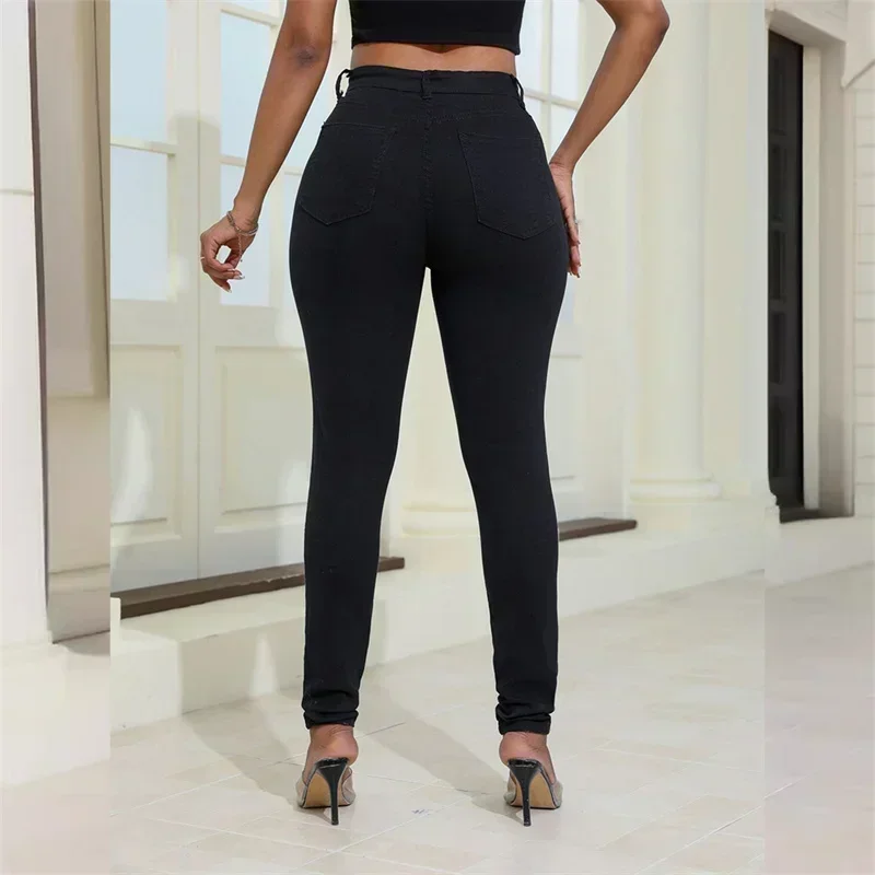 2024 Fashion Broken Holes Women Pencil Jeans Trend Streetwear Slim Fit Denim Pants Casual Solid Color High Waist Female Trousers 6