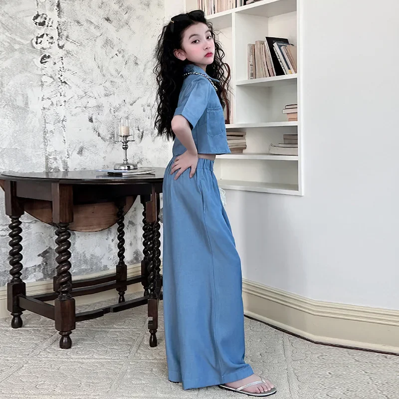 Summer teen girls clothes suit 2025 tencel denim short sleeved shirt