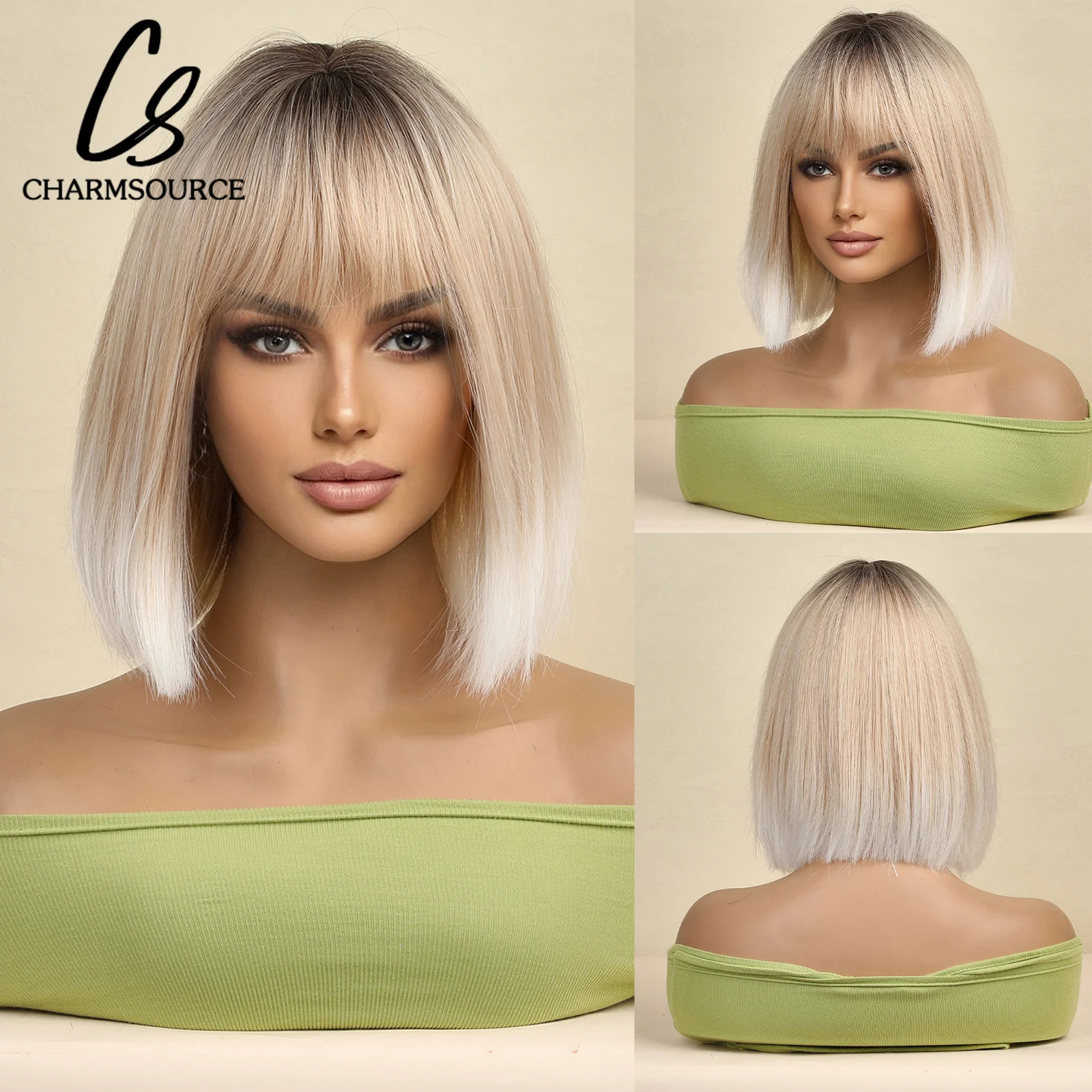 Short Straight Bob Synthetic Wigs with Bangs for Women Ombre Black Brown to Blonde Hair Dark Roots Heat Resistant Fake Fiber