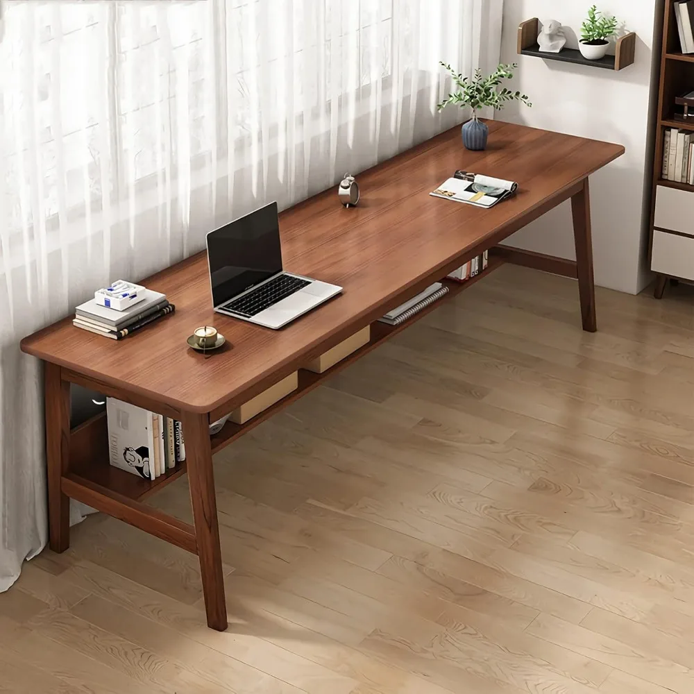 63' Computer Desk with Bottom Storage Shelf and Side Hooks, Home Office Workstation, Mid-Century Modern Solid Wood Writing Desk