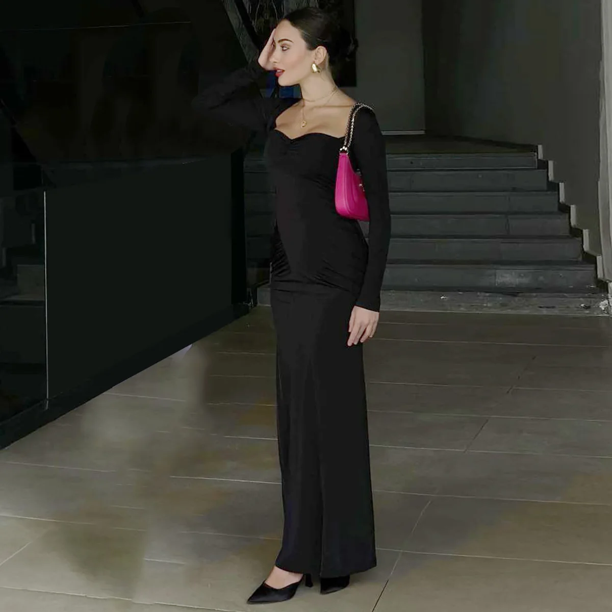 2025 Elegant Long Sleeve Party Dresses Sexy High Waist Slim Fit Women's Evening Dress Fashion Solid Color Pleated Long Dresses