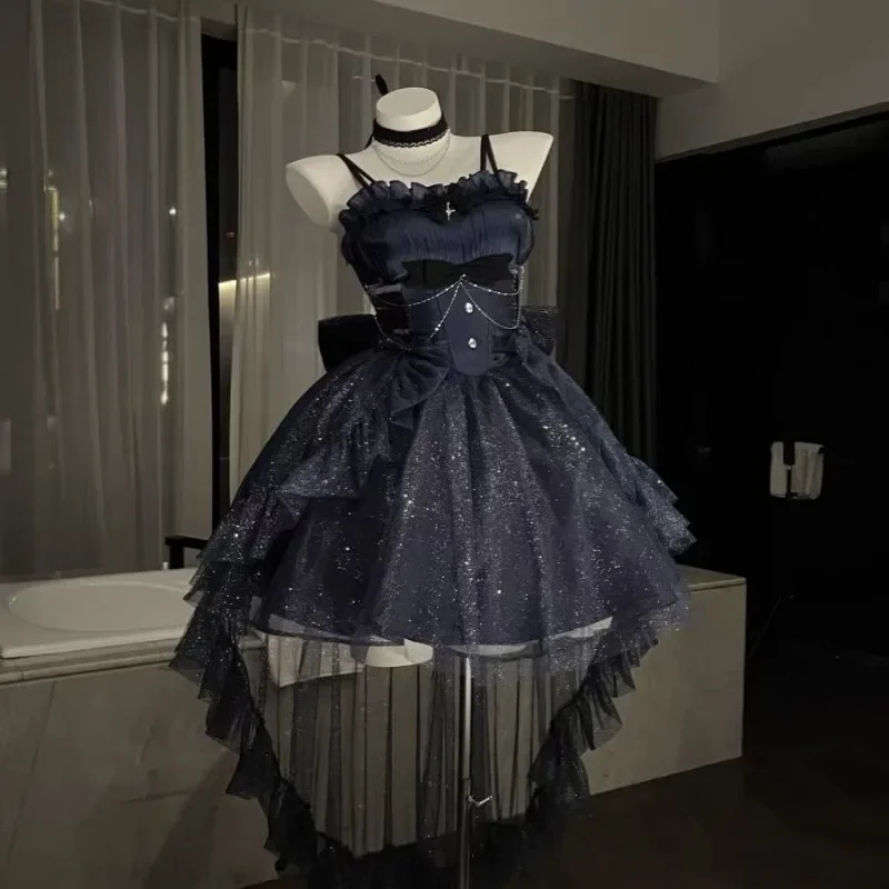 Women Kawaii Ruffles Bow Suspender Princess Dresses Victorian Gothic Lolita Jsk Mini Dress Lolita Dress
