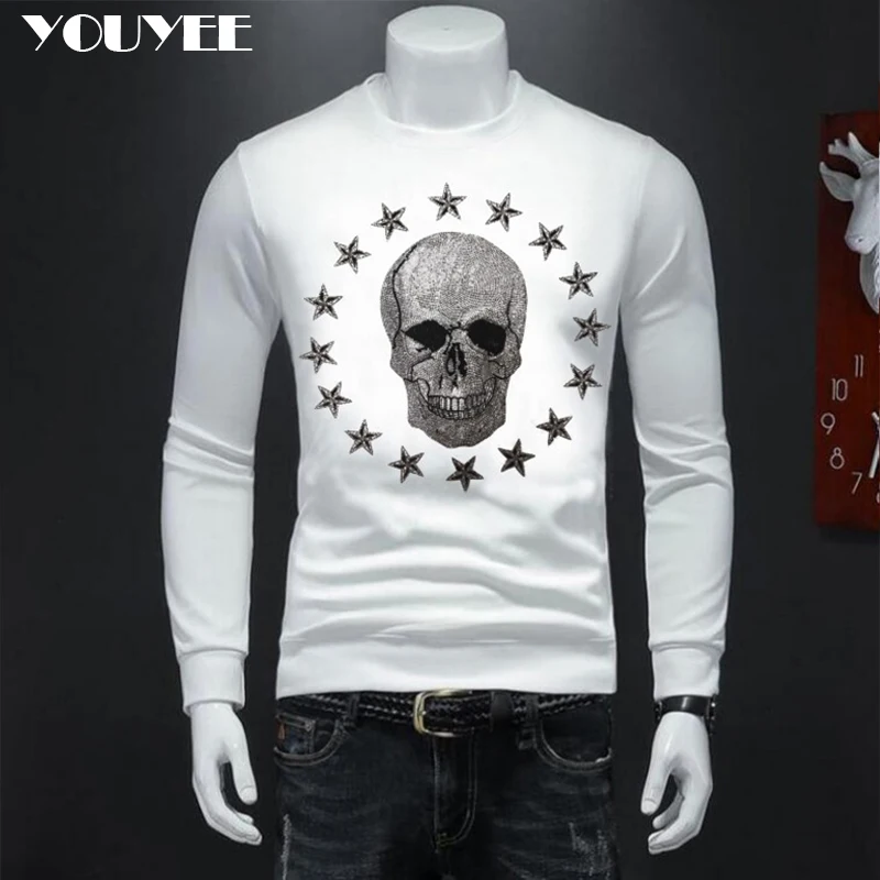 Men's Rhinestone Sweater Pullover Skull Street Handsome Hoodies Fleece