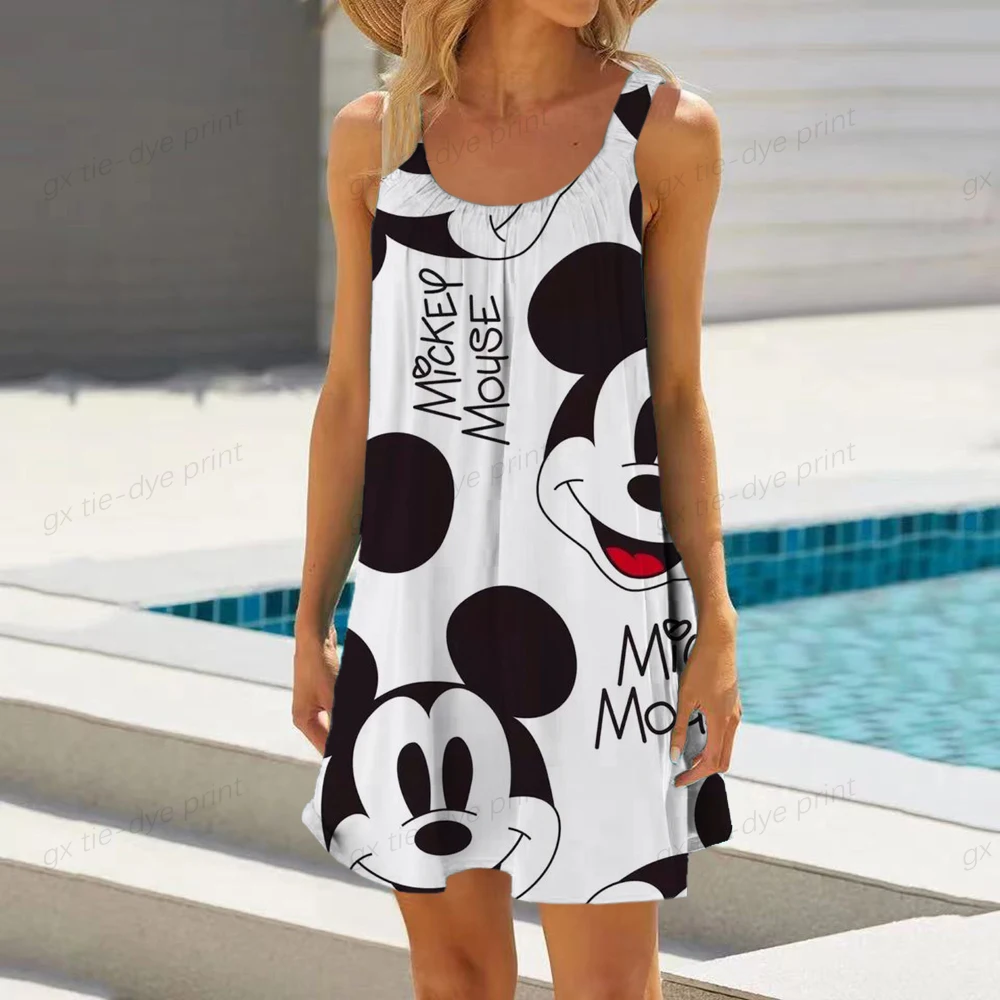 

Disney Brand Sleeveless Mickey Mouse Print Beach Outfits For Women Tunic Swimwear 2023 Women Casual Loose Beach Dress