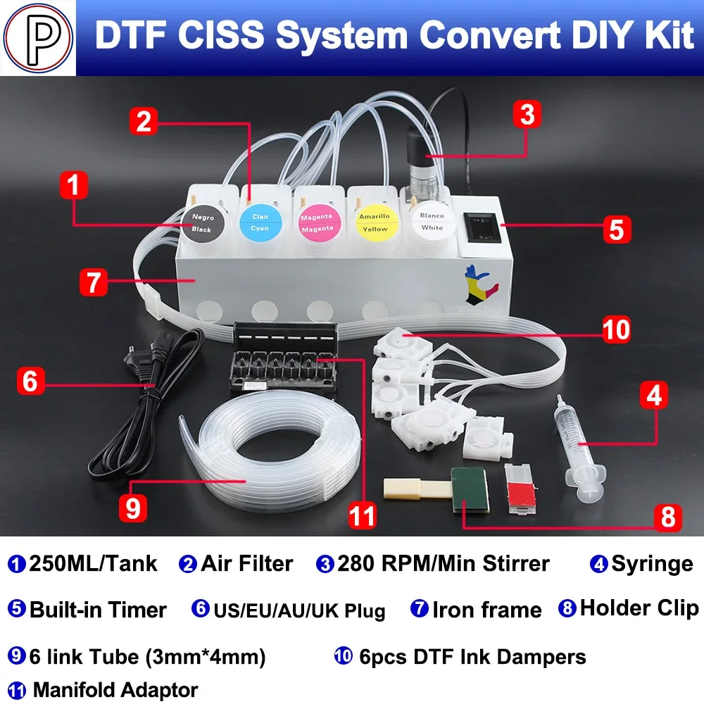 XP600 ET-8550 L18050 250ML DTF CISS 잉크 시스템(프린트 헤드 어댑터 포함) Epson L8050 18100 탱크 교반기 타이머용 매니폴드 댐퍼