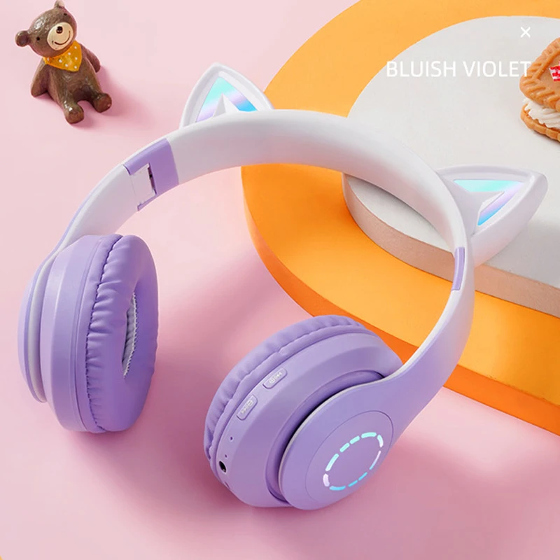 Écouteurs Sans Fil Oreille de Chat avec Bluetooth Mic Lumière Cool Stéréo  Bass Casques Enfants Gamer Fille Cadeaux 