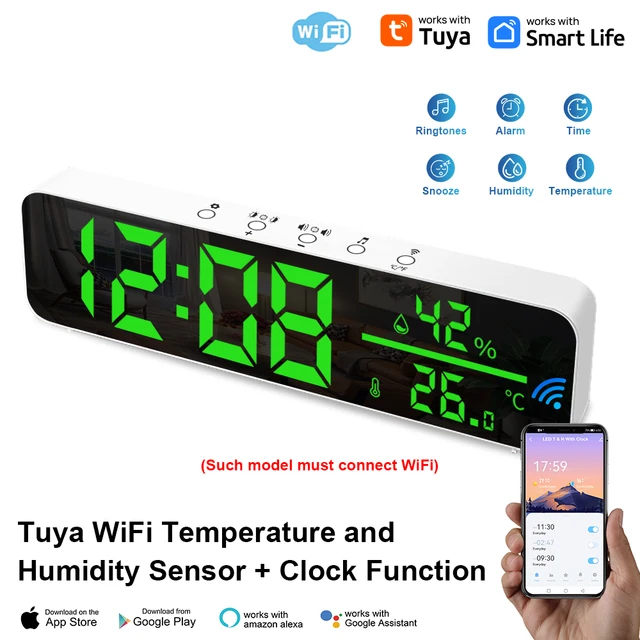 Tuya WiFi Temperature Humidity Sensor Support Time Alarm Clock Display USB Desktop Mirror LED Clocks for Living Room Decoration 1