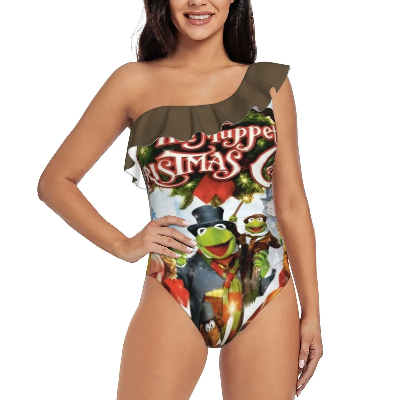The Christmas Carol One Shoulder Ruffle Swimsuits Bodysuit One Piece Swimwear Women New Female Beach Swimsuit The S The Frog