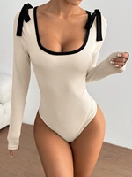 Body décontracté à manches longues pour femmes, bloc de couleurs, coupe cintrée, bretelles à nouer, décoration en tricot côtelé, printemps/automne 2026 6