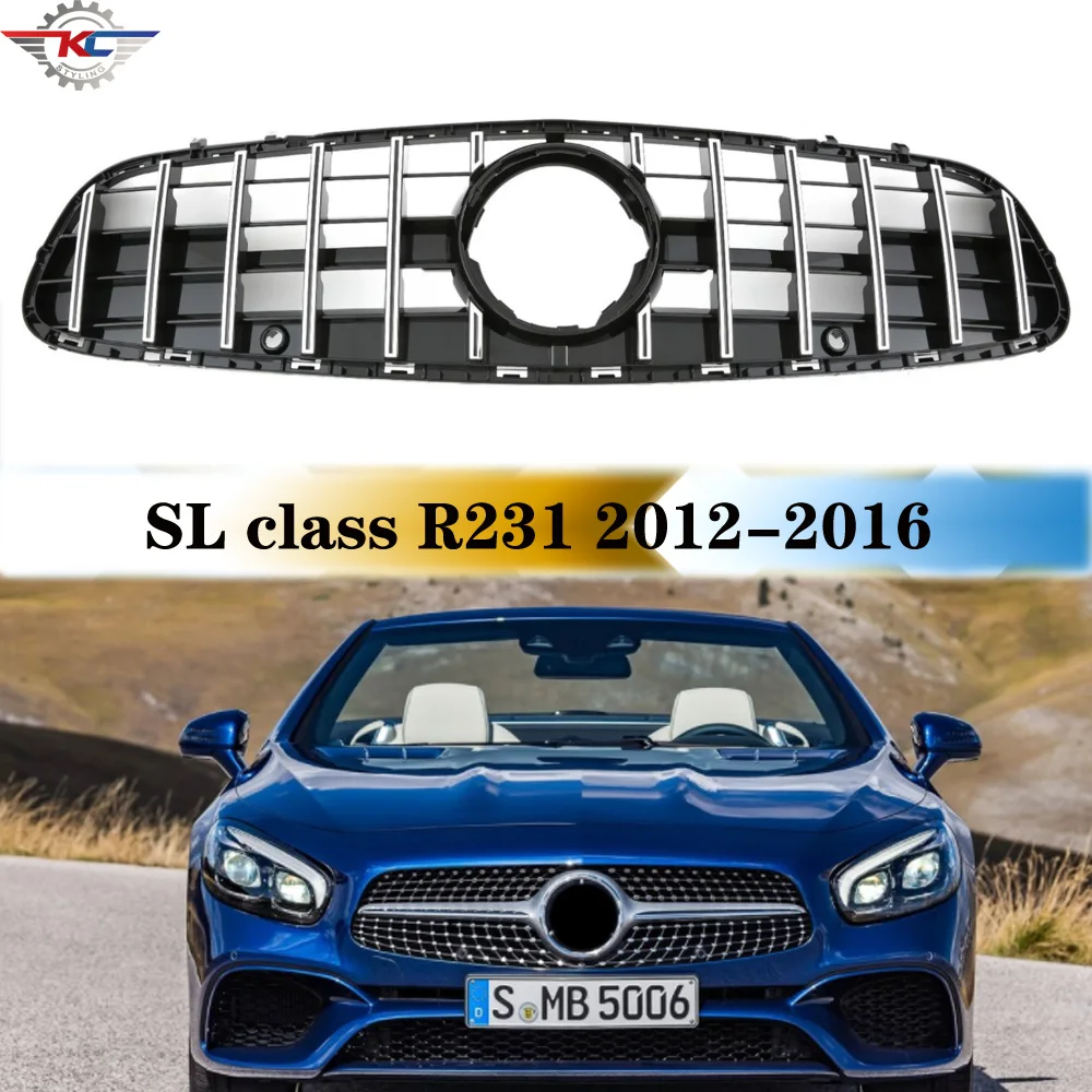 Front Bumper Gt Grills For Mercedes Sl Class R231 2016-2019 Facelift Plastic Silver & Black Color Racing Grille