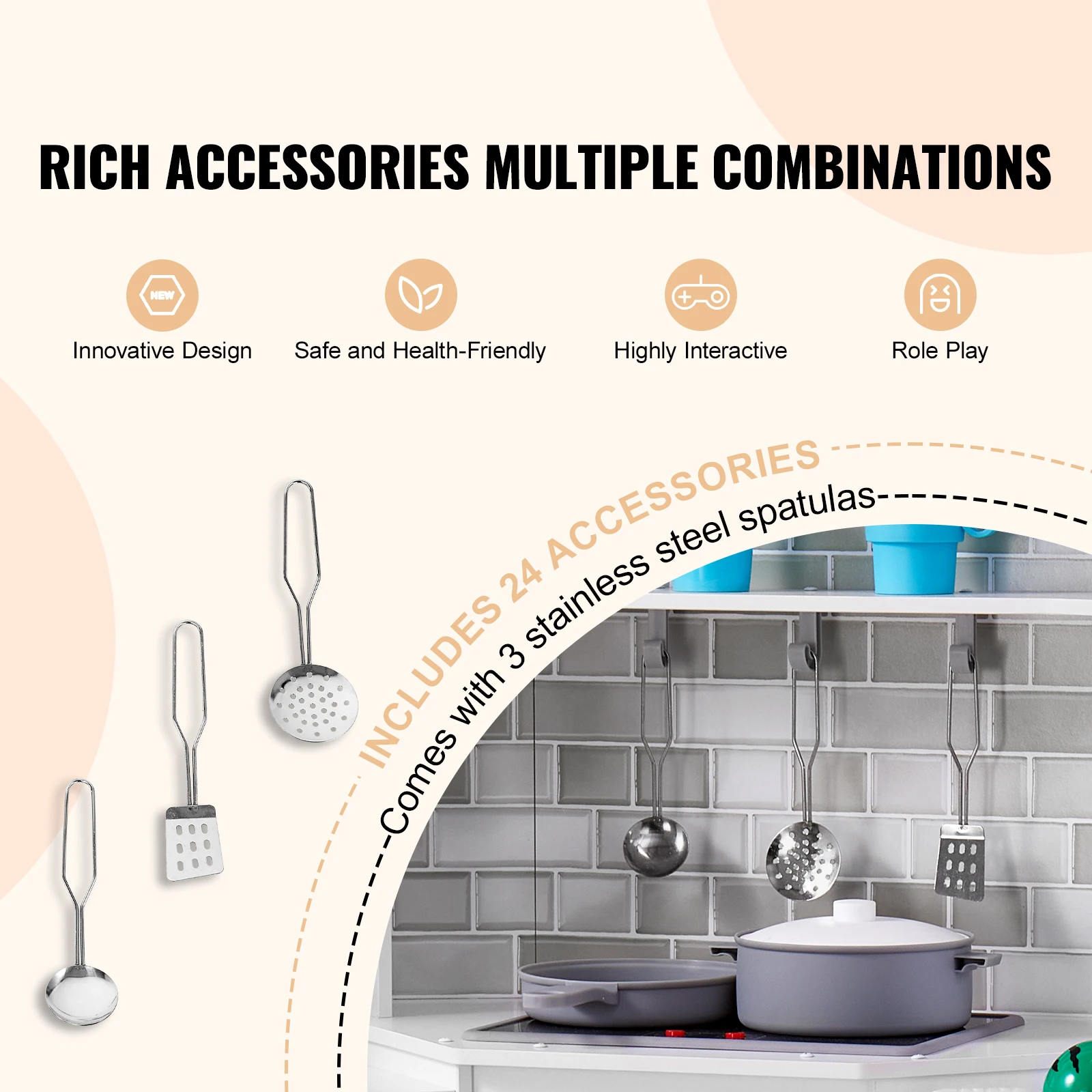 Wooden Corner Play Kitchen with Lights and Sounds for Kids