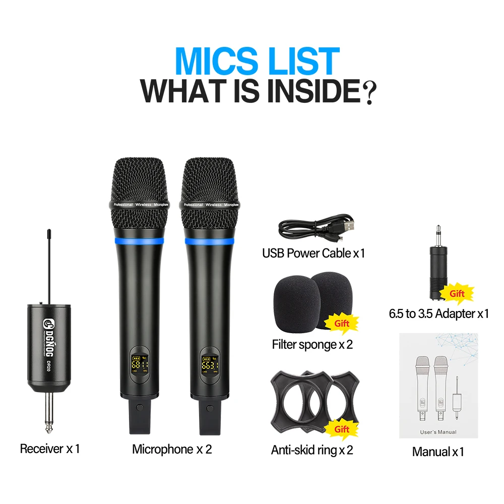 2 Channel Digital Portable Professional Wireless Microphone UHF Handheld Dynamic Suitable Karaoke DJ Microphone for Church Party