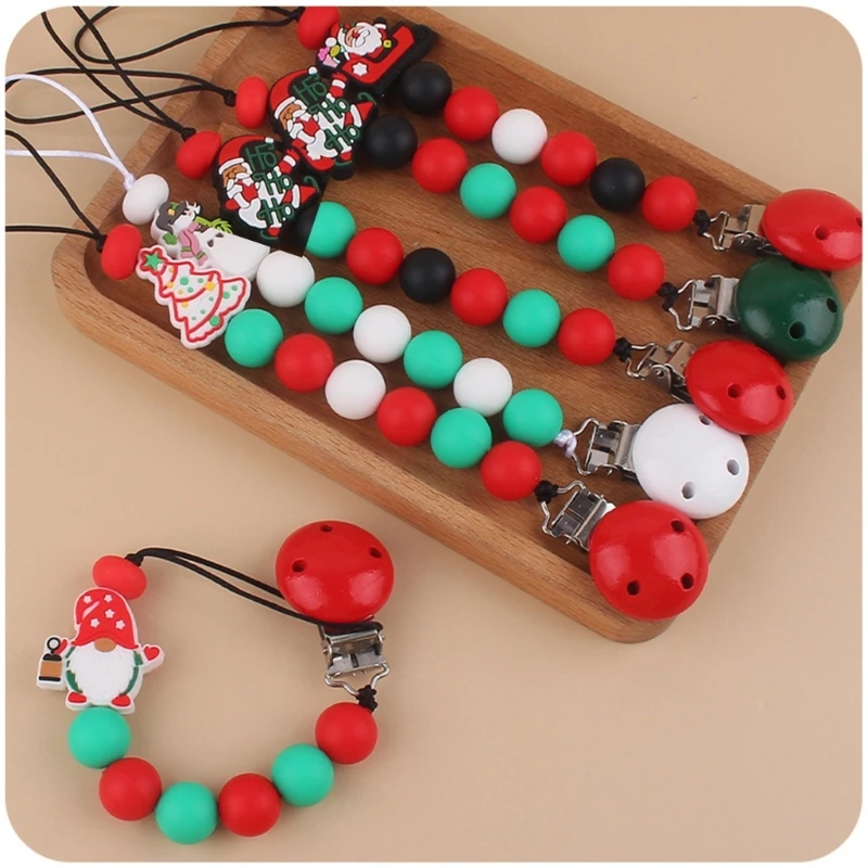 

Baby Pacifier Clips Holder Christmas Themed Cartoon Teether Clip Teething Chain Silicone Beads Soother Chain with Clips