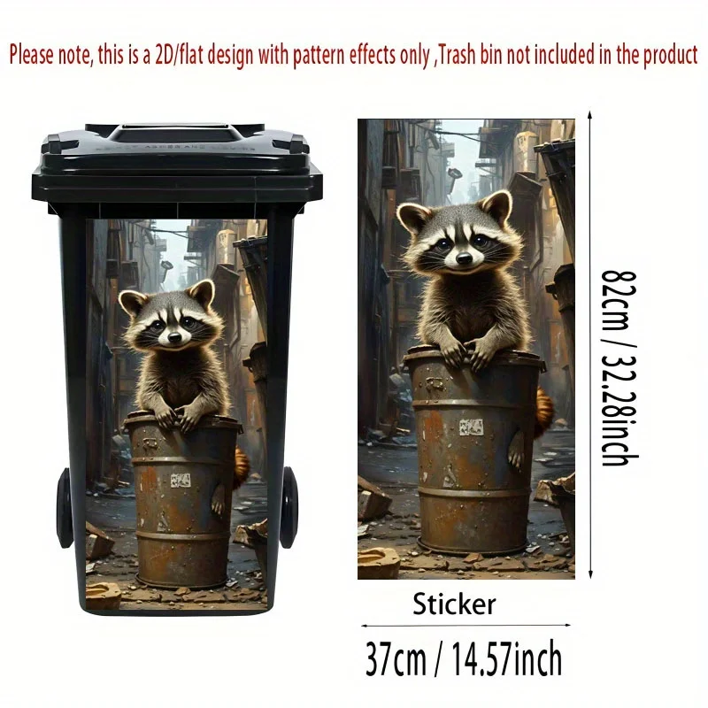 2D Flat Printing1pc Trash Can Sticker 37×82cm Cute RaccoonTheme Wallpaper Self-Adhesive Suitable for Garbage Bins, Walls,Home