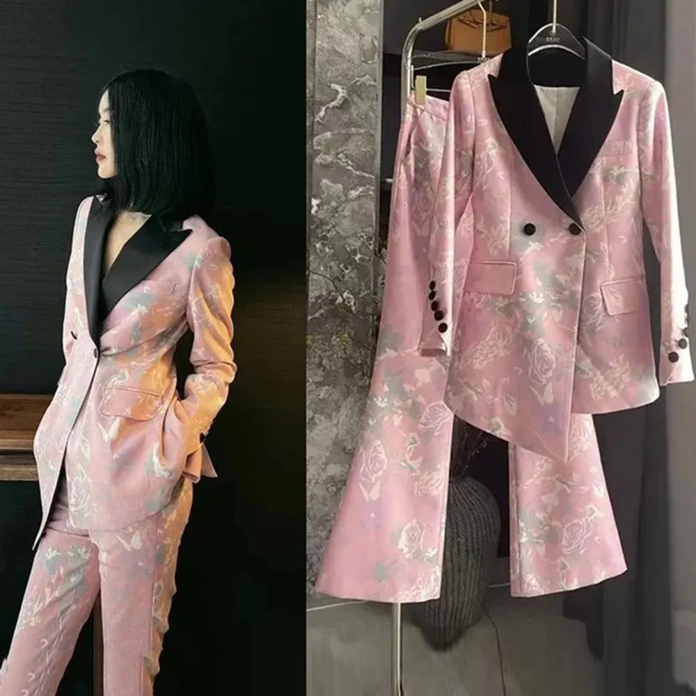 

Women black pink acetate Pantsuit, designer subtle floral pattern slim cut Blazer & Pants Suit set Formal Event Wedding Prom Par