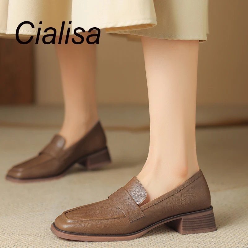 

Cialisa Loafers Casual Shoes Women Spring Autumn Square Toe High Quality Real Leather Pumps Handmade Mid Heels Lady Footwear 40