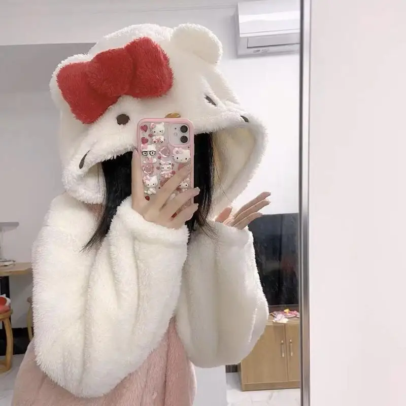 

Sanrio Nightgown Hello Kitty Cartoon Winter Flannel Sweet Hooded Sleepshirts Female Warm Casual Loose Cozy Thicker Soft Girl