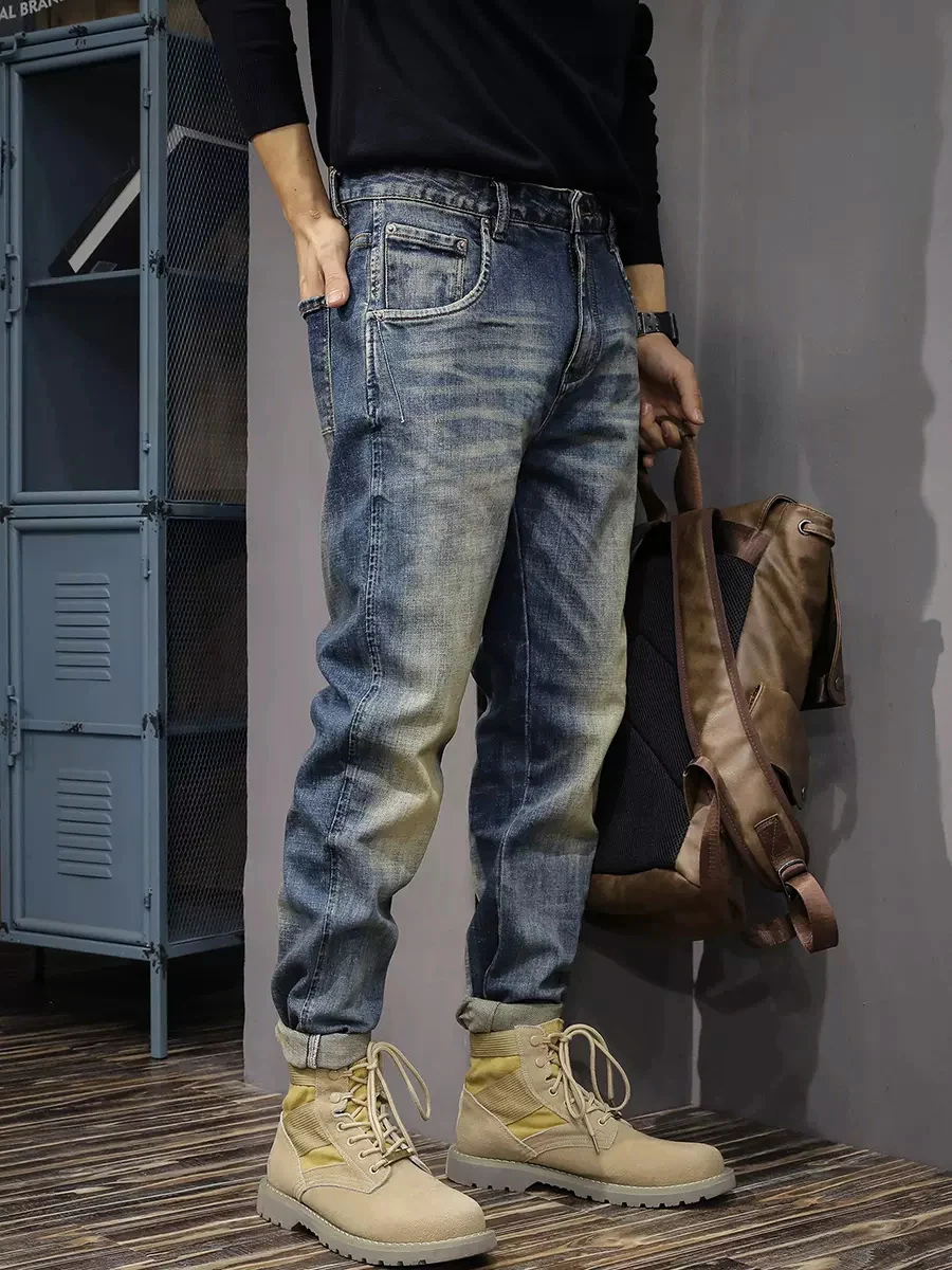 Vintage Fashion Men Jeans High Quality Retro Blue Elastic Slim Fit Ripped Jeans Men Trousers Casual Designer Denim Pants Hombre