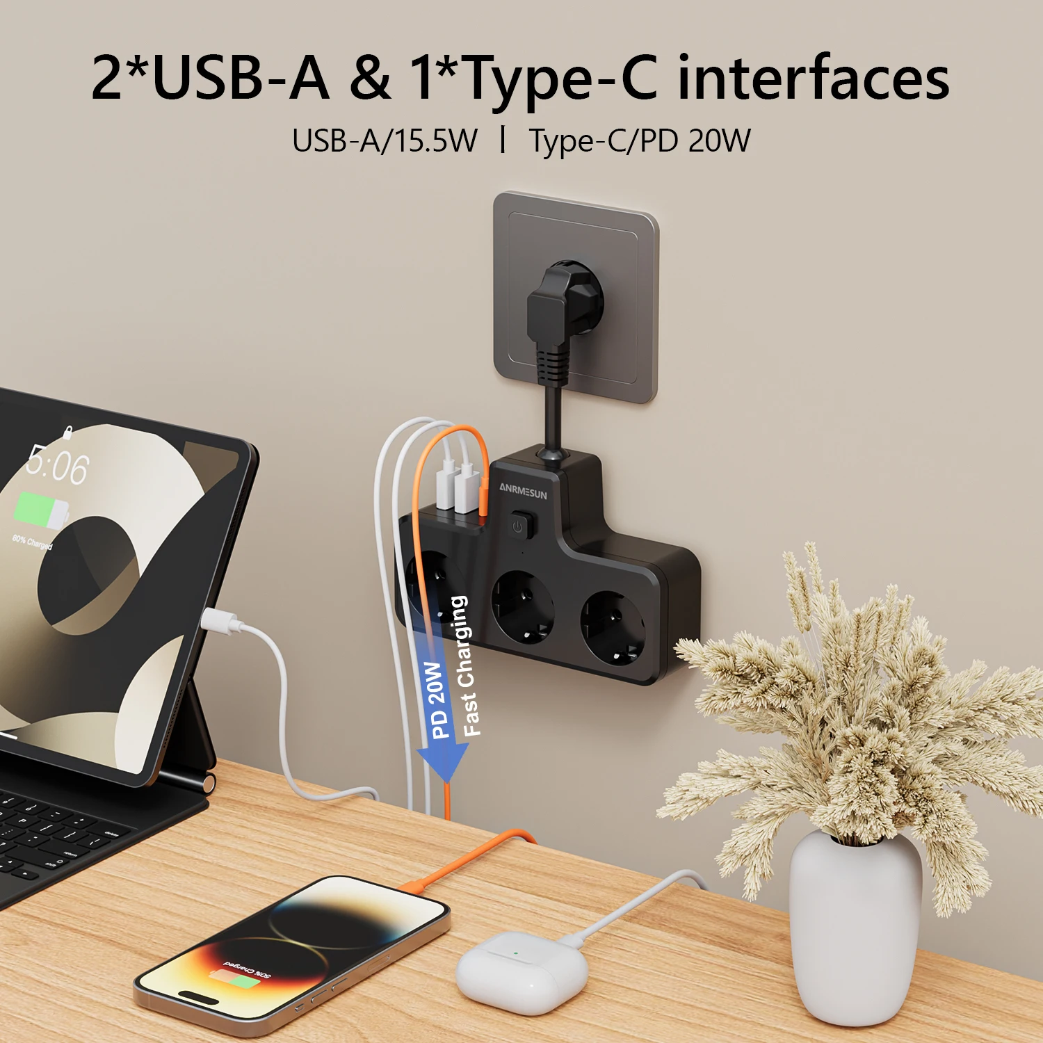 Universal Power Strip with 3 AC Outlets & Multi-Port USB-C Charging – Ideal