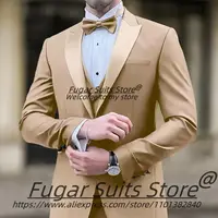 Luxuly Champagne Wedding Suits For Men Slim Fit Peak Lapel Groom Prom Tuxedos 3 Pieces Sets Elegant Male Blazers Costume Homme 1