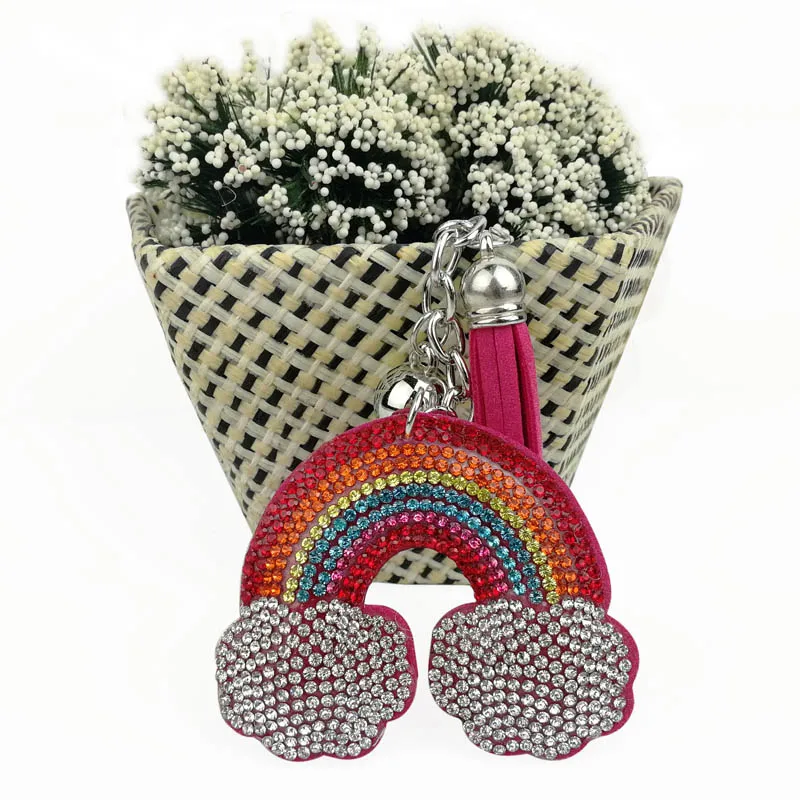 Porte-clés en velours strass coréen arc-en-ciel nuage pendentif, cadeau créatif frais gland sac accessoires de voiture