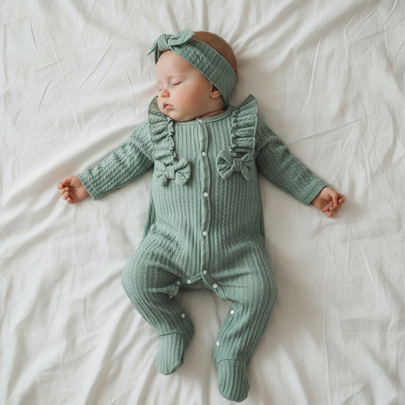 Baby Girl Footed Romper Duck Solid Color Bow Ruffled Long Sleeve Round Neck Jumpsuit with Bow Headband 1