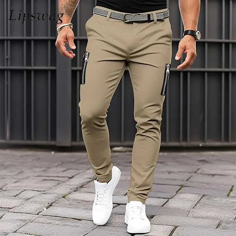

Men's Casual Pants Spliced Solid Color Looes Straight Pants 2023 Spring Autumn Men Leisure Zip-up Pockets Design Jogging Trouser