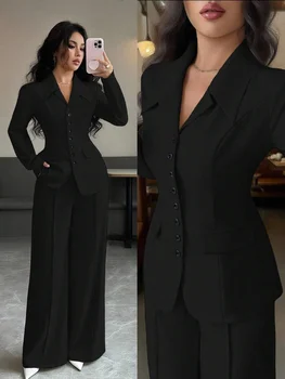Solid-color button-down front shirt. Casual drop-shoulder long-sleeve top paired with trousers. A women's casual set suitable fo
