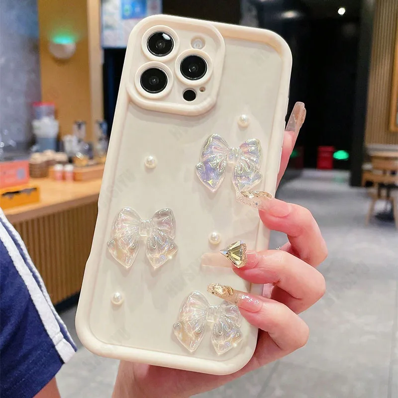 Elegant 3D Crystal Bow Pearl Phone Case with Silicone Cover