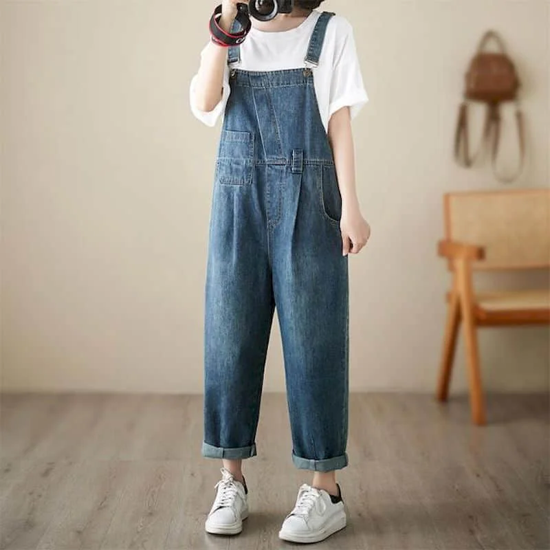 

Denim Jumpsuits Loose Casual High waisted Harem Jeans Korean Style Fashion Vintage Blue Rompers One Piece Outfits Women Clothing