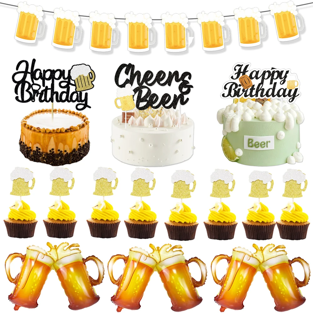 Cheers Beer Mug Happy Birthday Cake Topper Decoration Glitter Beers Pick Cupcake Toppers Beer Festival Birthday Party Supplies