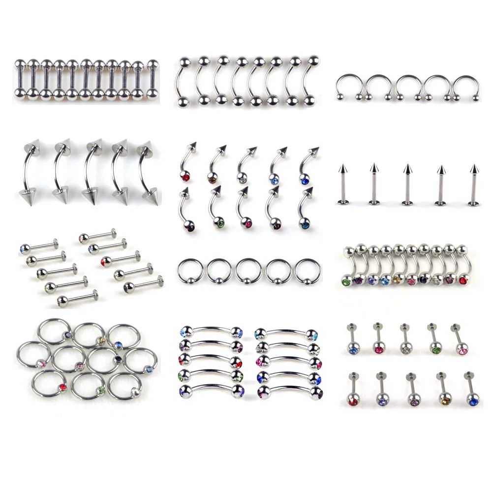 120Pcs Mix Body Piercing Jewelry Lot Stainless Steel Nose Ear Belly Lip Tongue Ring Captive Bead Eyebrow Bar Piercing Lot Jewelr