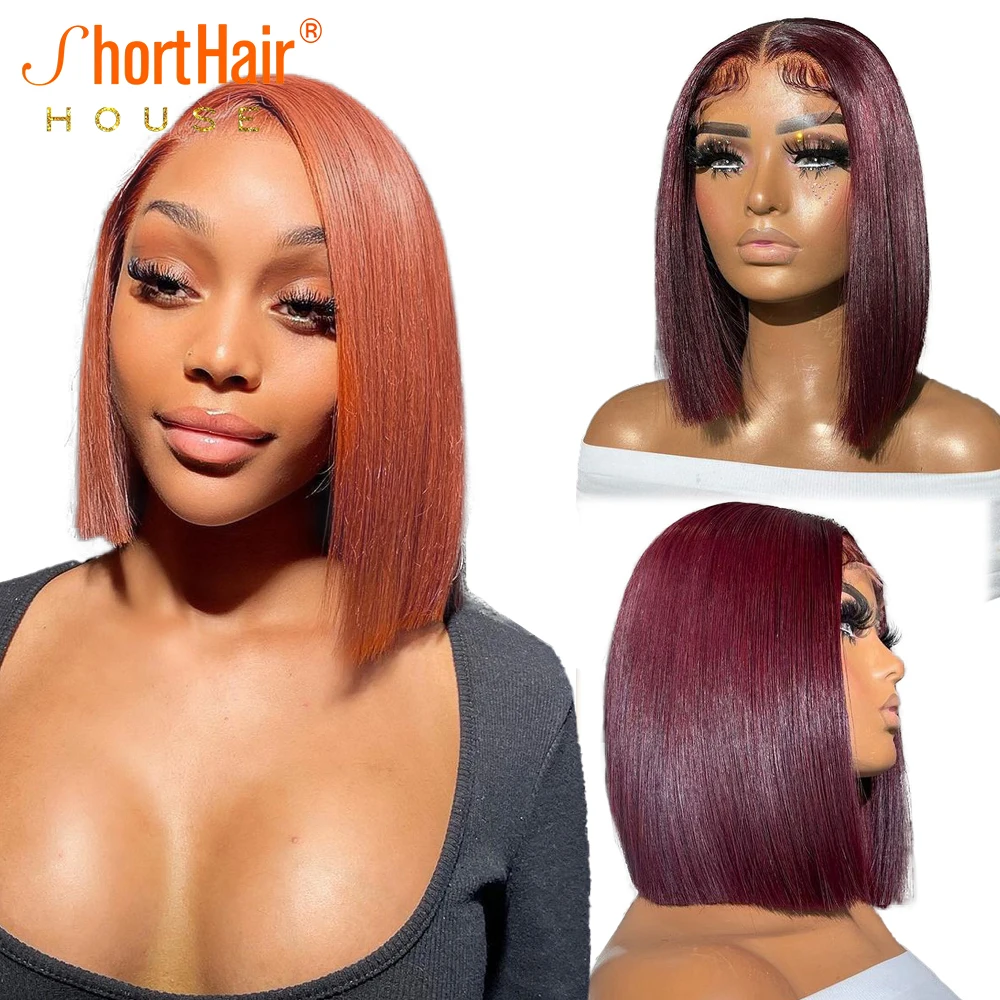 Burgundy Color Silky Bob Wigs Bone Straight Bob Human Hair Wig Ginger Orange Transparent 13X4 Lace Frontal Wig Human Hair Wigs