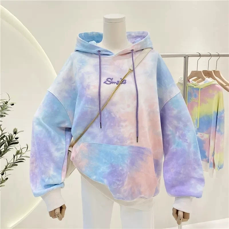 

Women's Hoodies Autumn Female Hooded Casual Sweatshirt Tops Harajuku Oversized Ladies New Color Tie Dyed Three-dimensional Loose