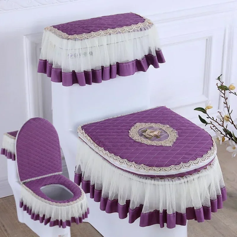 3pcs/Set Lace Embroidery Detachable Toilet Cover Cloth Dustproof Soft Toilet Seat Ring Cushion Home Decoration Cover toilet seat cover,toilet seat cushion,toilet mat set,toilet accessories