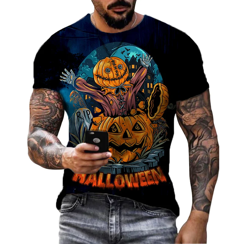 

Summer Men's Short Sleeve Halloween Pumpkin 3D Print Large Round Neck Sports Loose Casual Quick Drying Material Lightweight Top