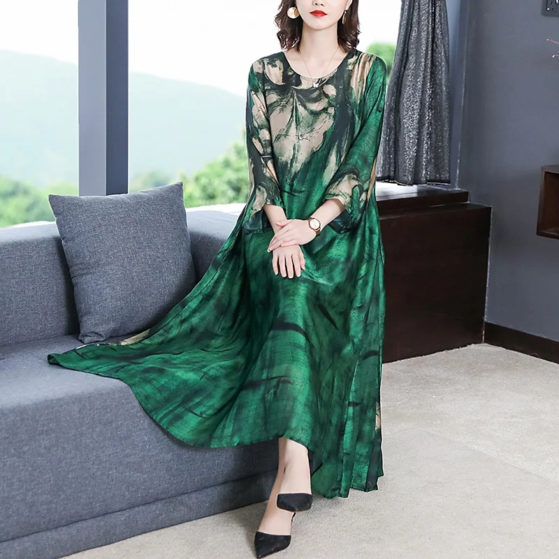 2024 Loose Casual Green Print chic Beach Maxi Dress Spring Summer