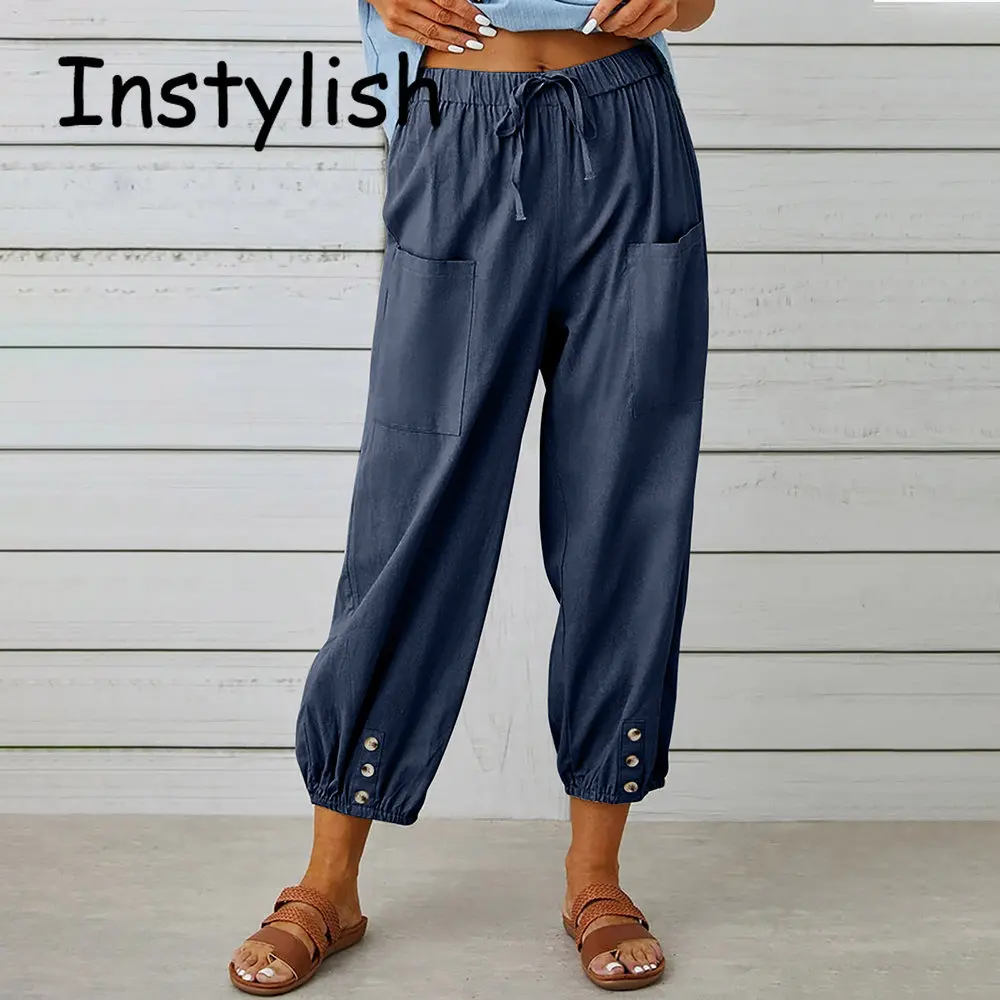 

Женские брюки из 2023 хлопка и льна, повседневные однотонные шаровары с эластичным поясом, винтажные свободные брюки до щиколотки в стиле Харадзюку с широкими штанинами и карманами