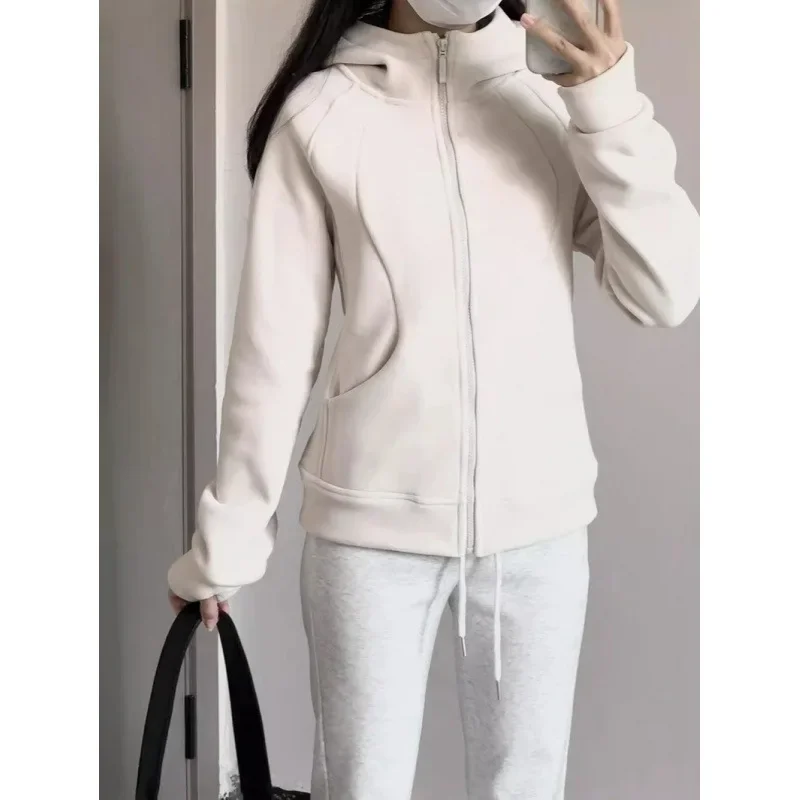 Women's Autumn/Winter New Slim Fleece-Lined Hooded Sweatshirt Petite Thickened Warm Casual Sport Cardigan Jacket
