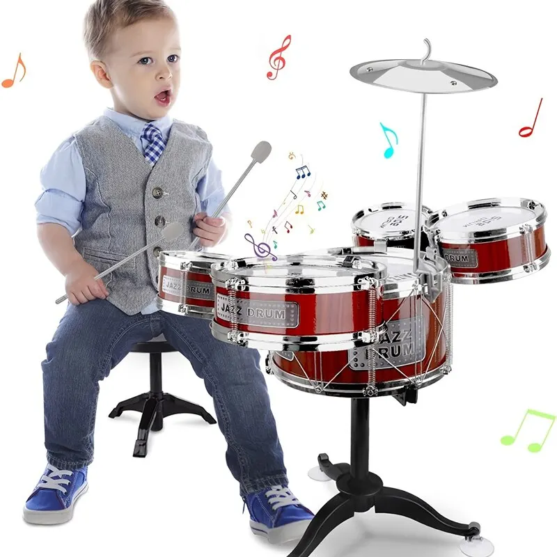 Kids Drum Set Musical Toy Drum Kit for Toddlers Jazz Drum Set with Stool, 2 Drum Sticks, Cymbal and 5 Drums Musical Instruments