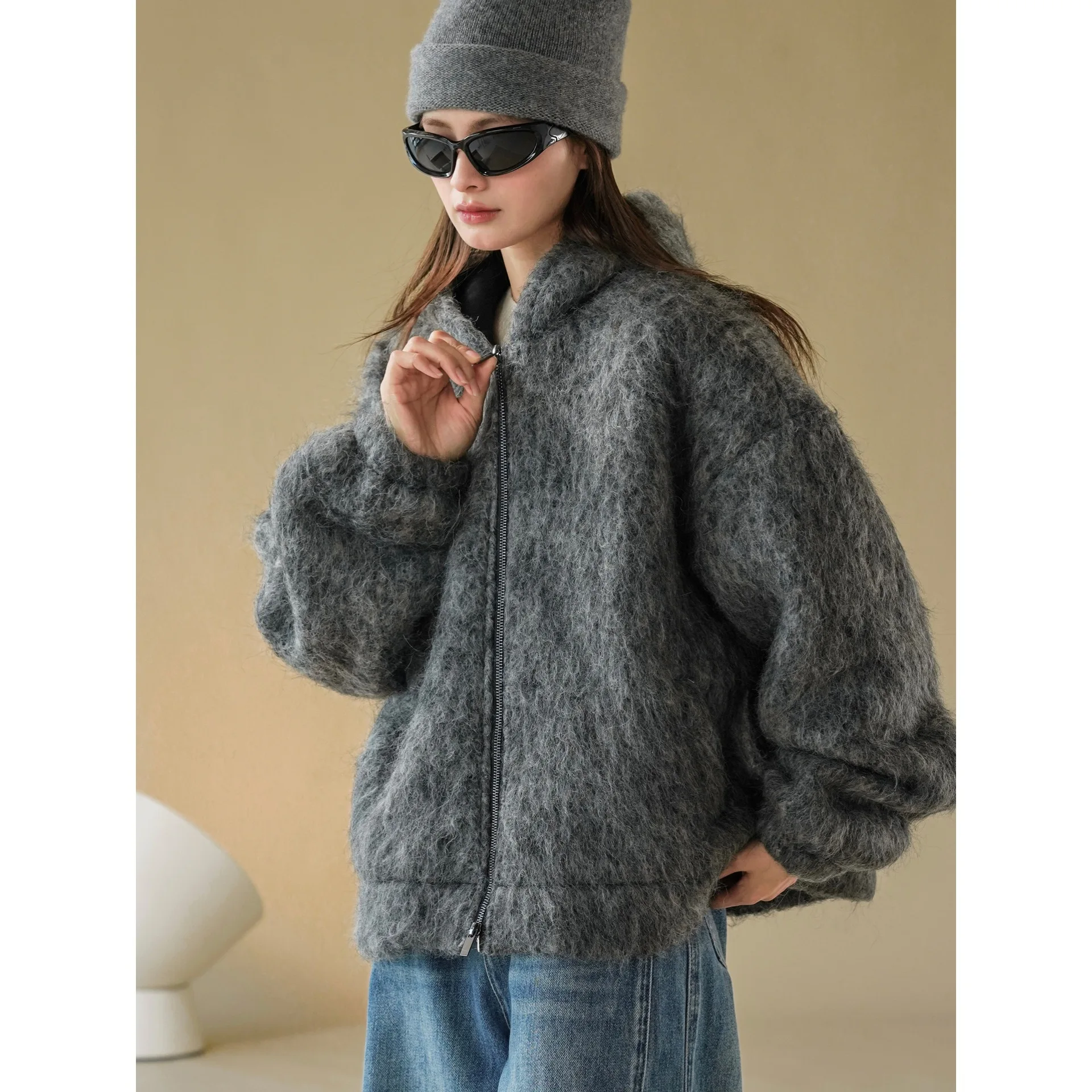 

Winter Long Fur Hooded Woolen Coat Khaki Grey Loose Casual Jacket For Women