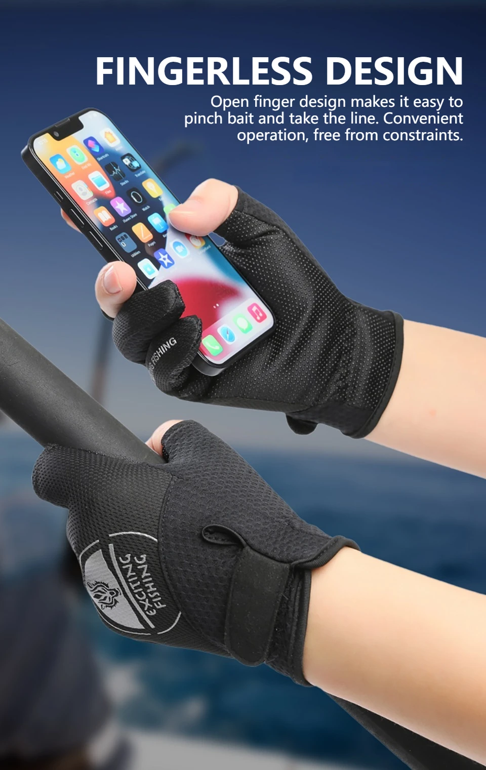 GTUBIKE Angelhandschuhe für Herren – Sommer-Angelhandschuhe mit Sonnenschutz und rutschfester Eis-Seide, atmungsaktiv, dünn, mit drei Freihand-Fingern – Detail 4