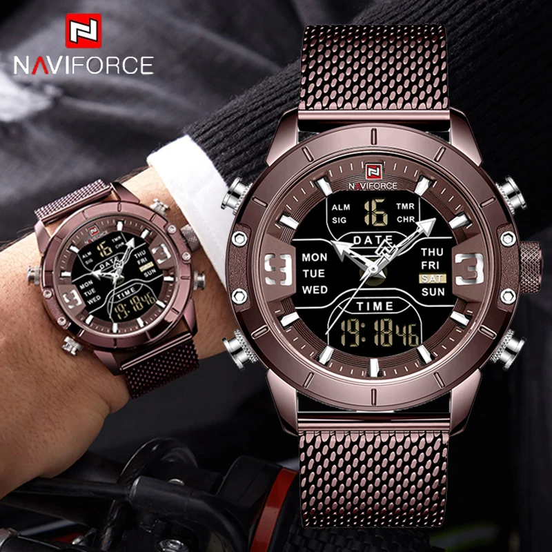 

NAVIFORCE Fashion LED Digital Quartz Watch Mens Luxury Analog Dual Display Stainless Steel Men Watches Business Male Clock