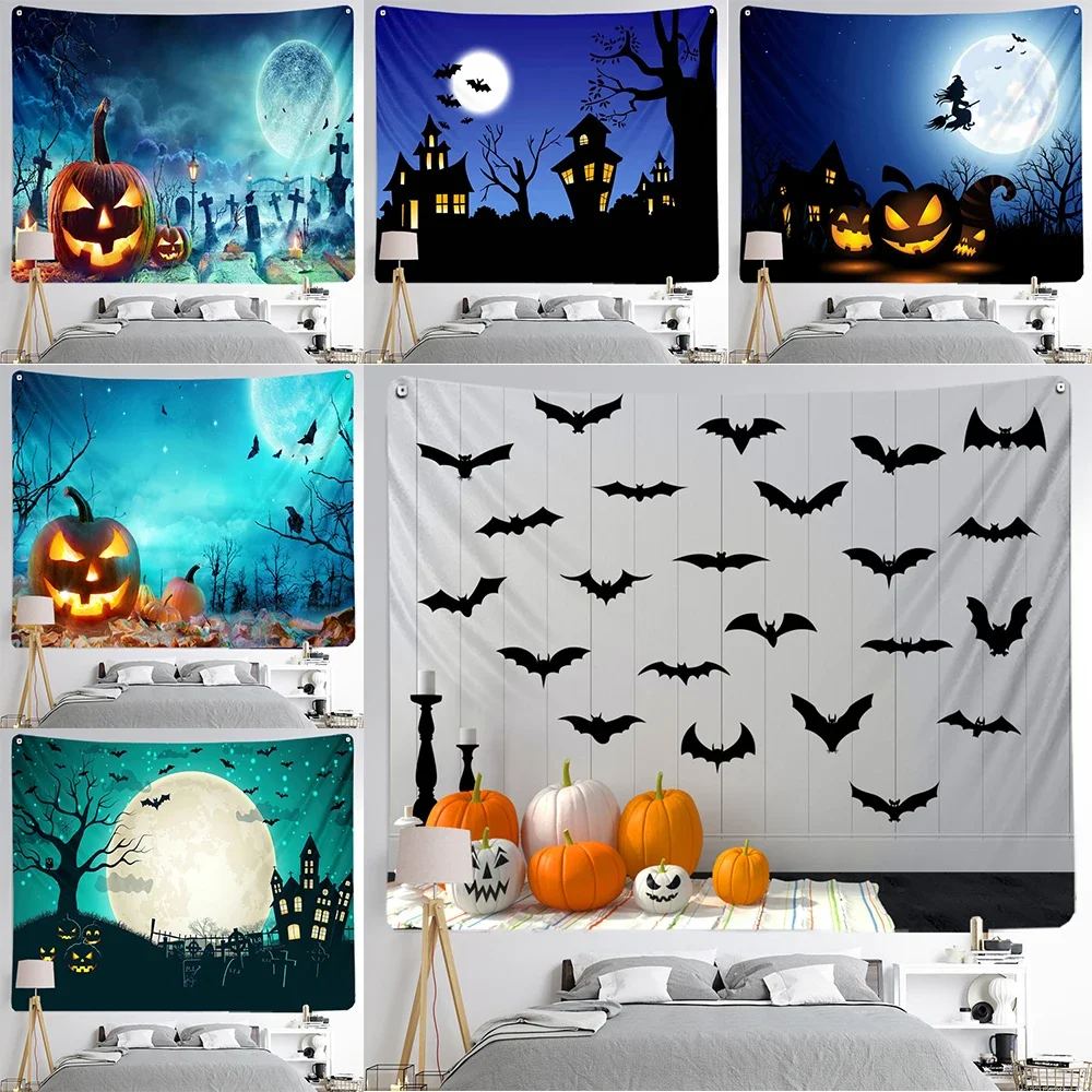 Halloween Moon Witch Party Tapestry Nightmare Haunted House Wall Hanging Tapestry Boho Vintage Home Decor Tapestry