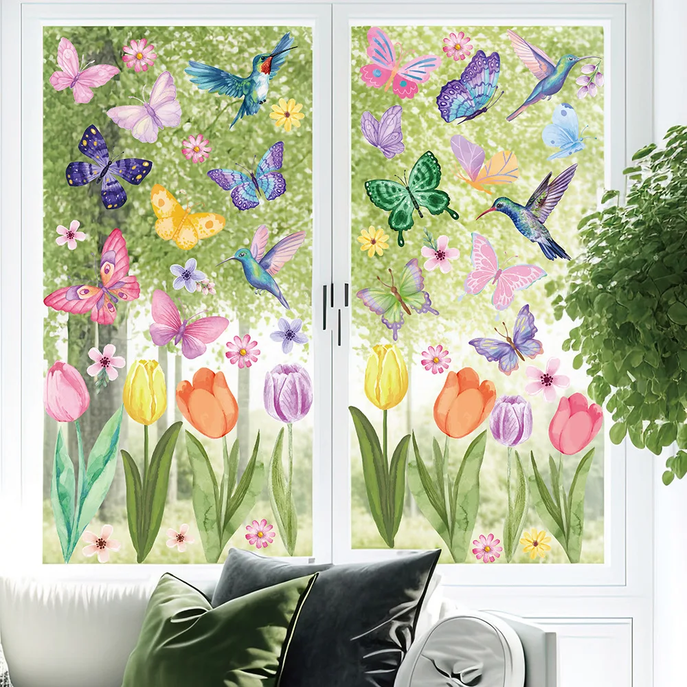 Spring Summer Window Cling Sticker Tulip Butterfly Flower Window Decal for Home Party Supplies Shop Glass Display Decor