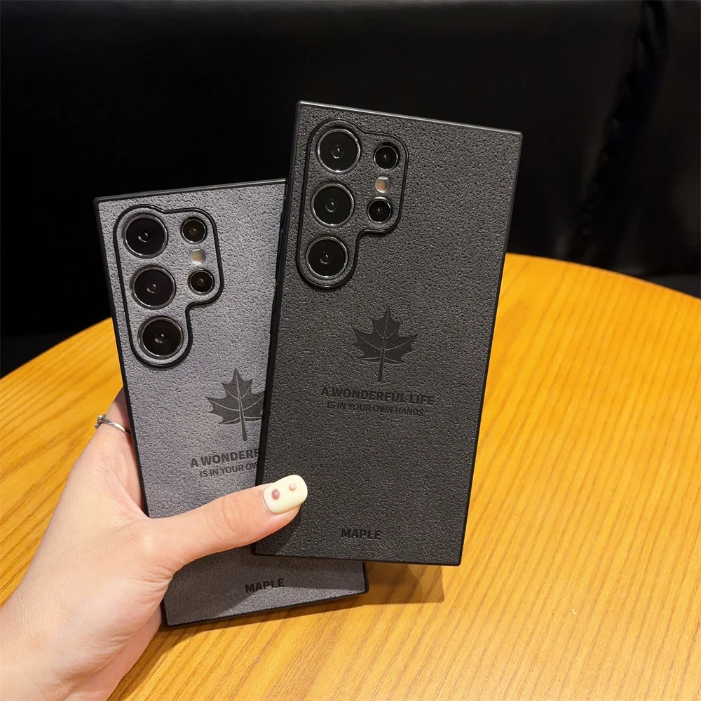 Elegant Maple Leaves Leather Phone Case with Slim Shockproof Design and Lens Protection
