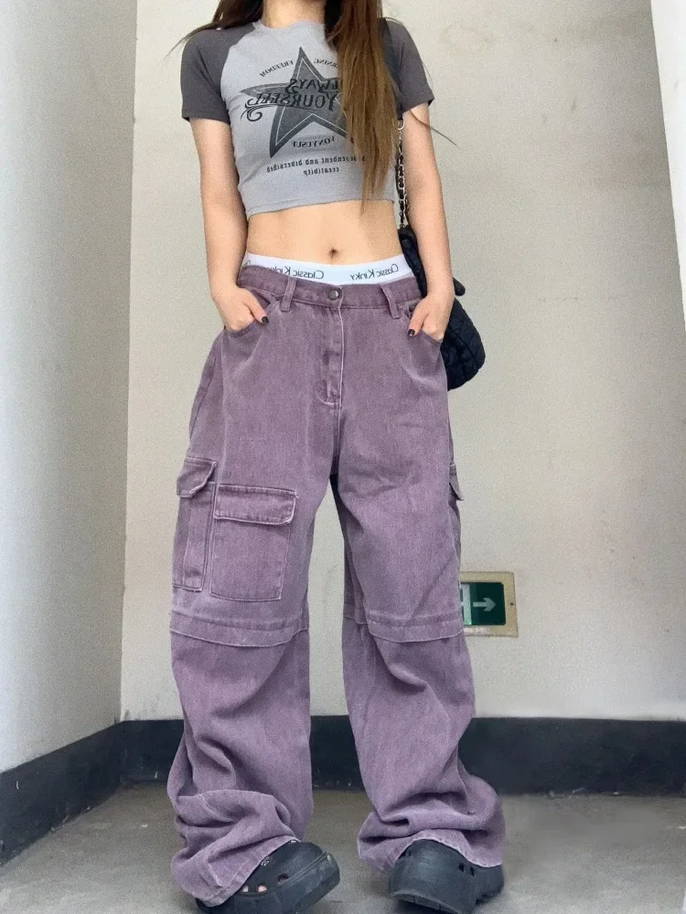 Y2k Cargo Jeans Women Street Oversized Vintage High Waist Purple Jeans Baggy Hippie Harajuku Grunge Wide Denim Trousers 2024