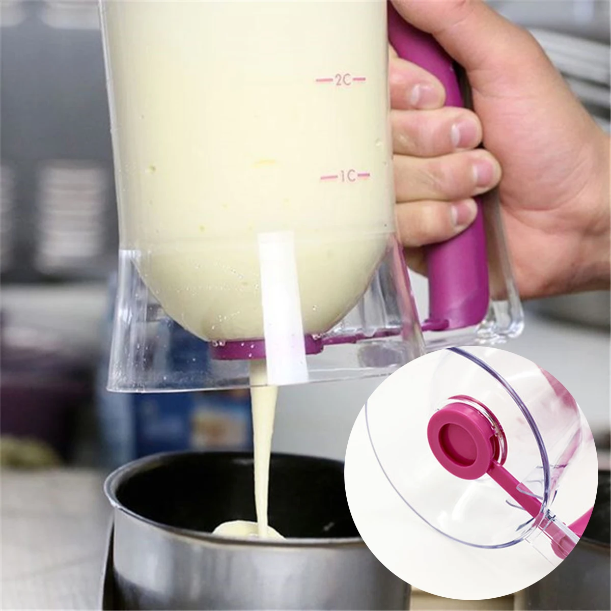 Silicone Pancake Mold 900ml Batter Separator Pancake Batter Dispenser with Squeeze Handle Bracket Handheld Cream Separator Measuring Baking Tools