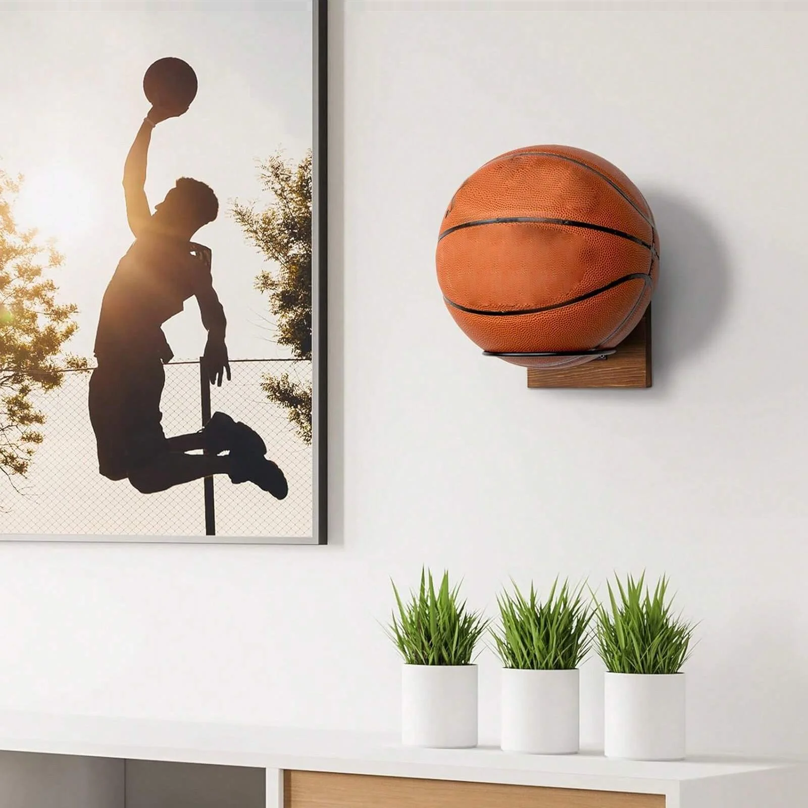 Ball Stand Holder for Basketball Wall Mount Football Display Stand Wood & Metal Storage Rack for Volleyball Softball Scarves 2
