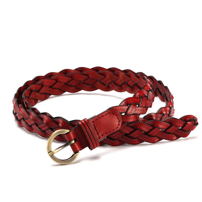 Women's Braided Leather Waist Belt with Gold Buckle – Elegant and Casual Thin Belt